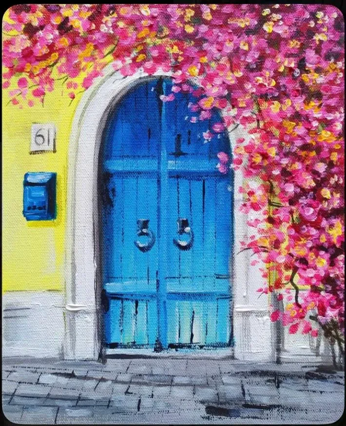 An acrylic painting of a blue arched door under pink bougainvillea